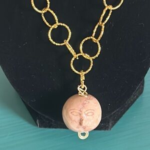New Handcrafted Two-Faced Etched Stone Pendant on O-Ring Link Gold Tone Necklace
